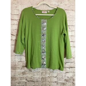 Quacker Factory Top Womens Large Pea Green & Silver Sequin Artsy Stretch Cotton